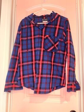 Original Use Blue Plaid Button-Down Hooded Shirt with Red Accents